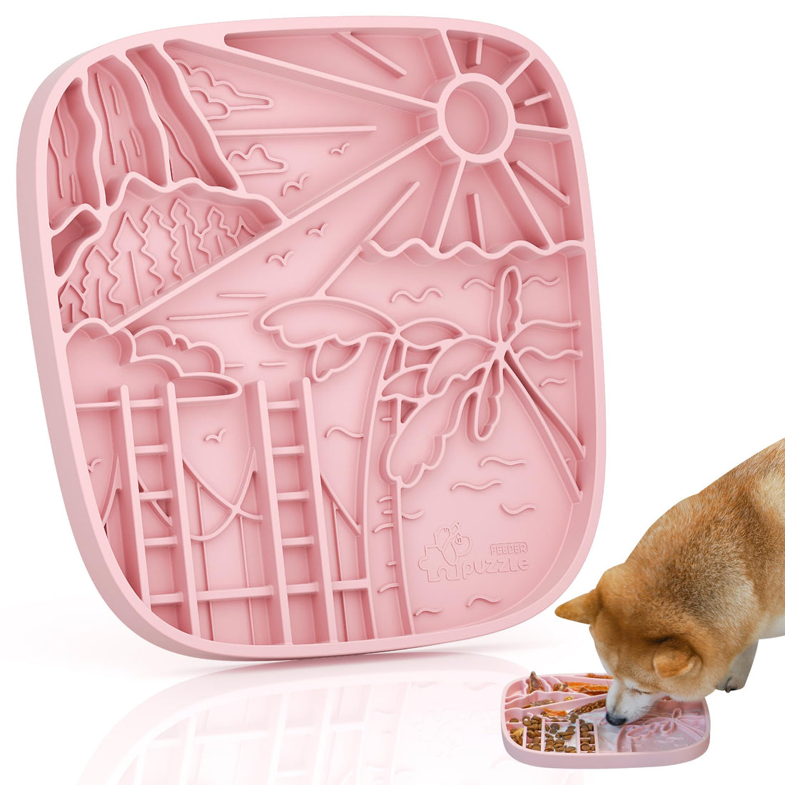 Puzzle Feeder Silicone Lick Mat for DogsRich and Innovative Textured Dog Food MatSlow Feeder Dog Mat for All Breed Dogs Ideal Size to Hold 3 Cups of Variety FoodDishwasher and Microwave SafePink