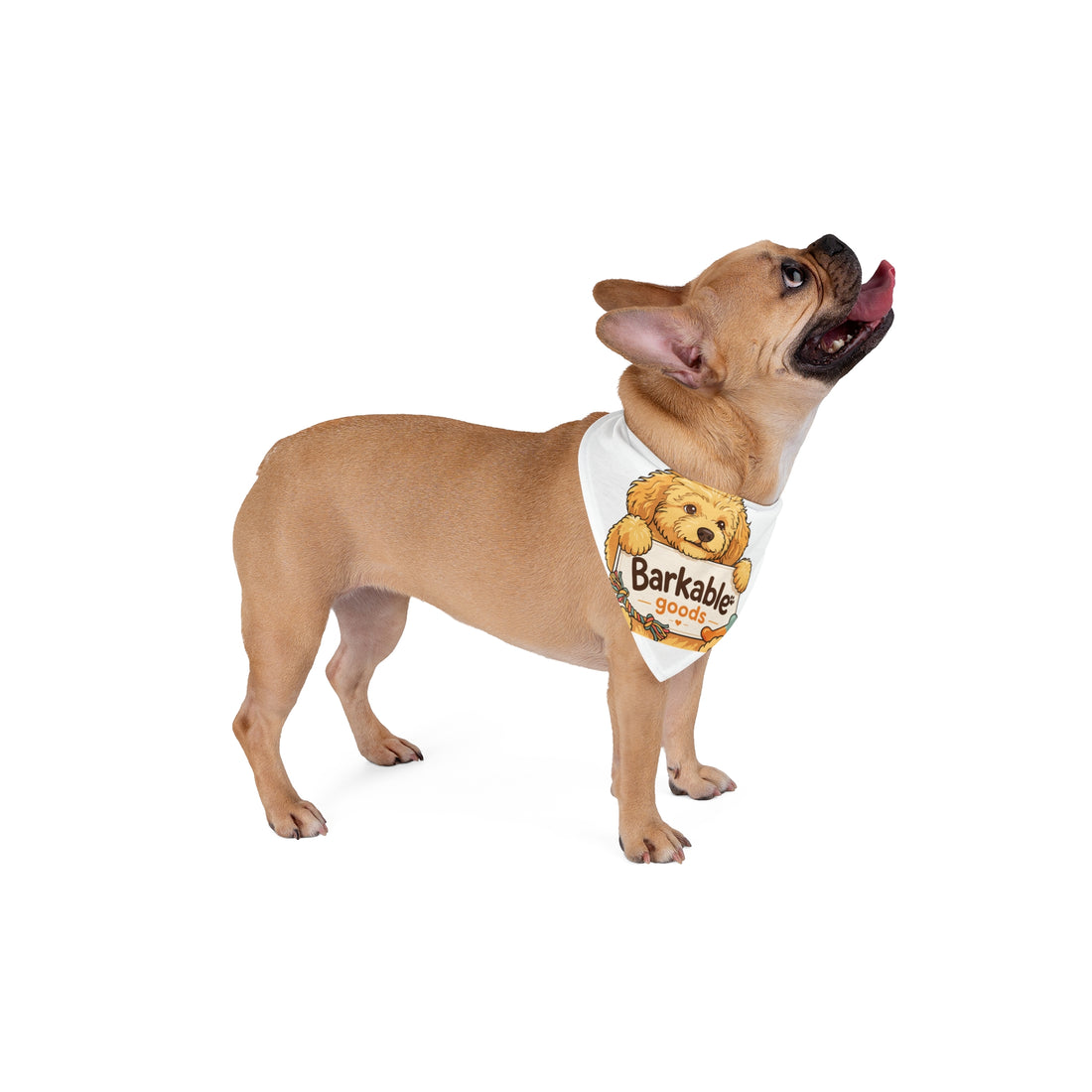 Dog wearing a personalized Barkable Goods pet bandana