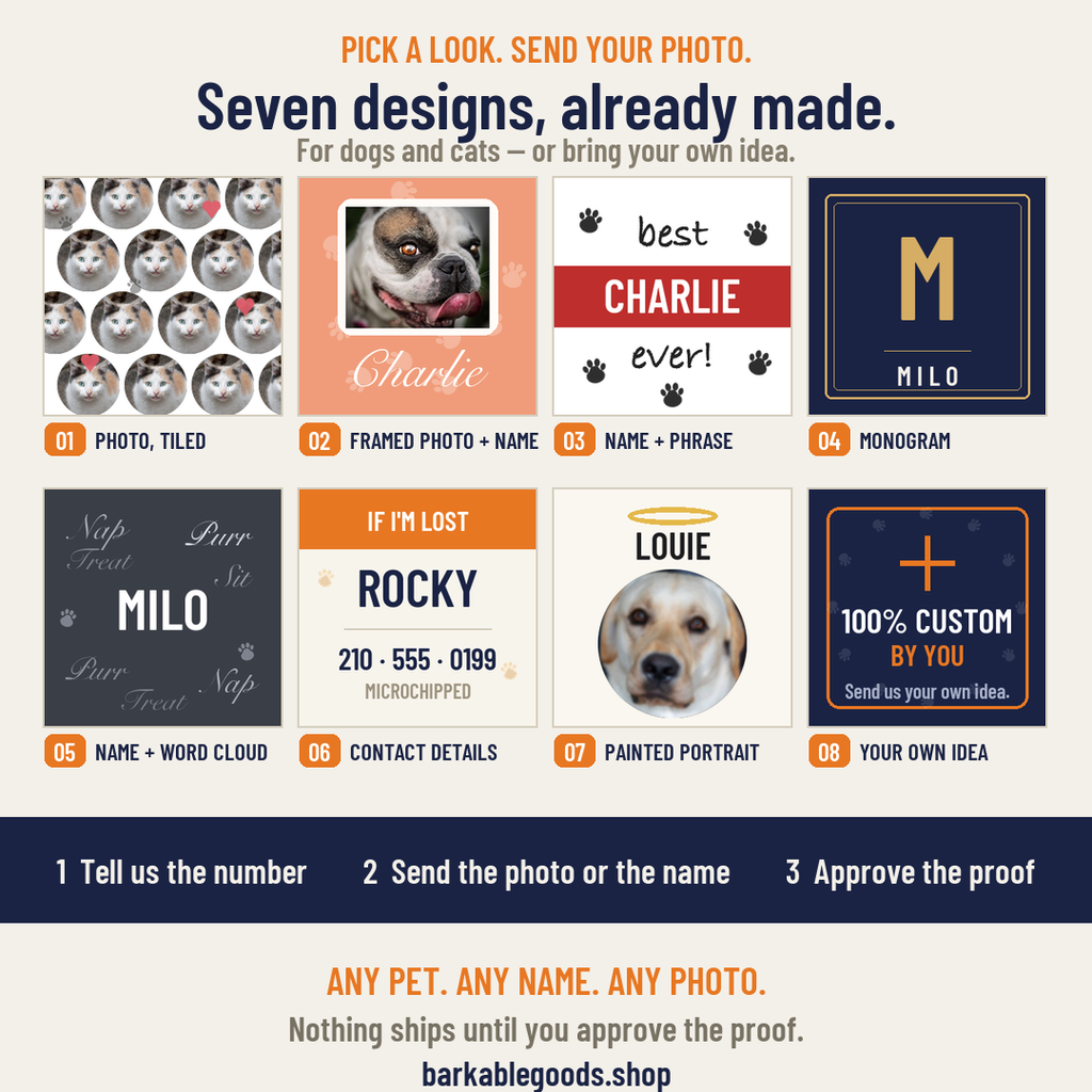 Seven ready-made personalization designs for dogs and cats, or send your own idea