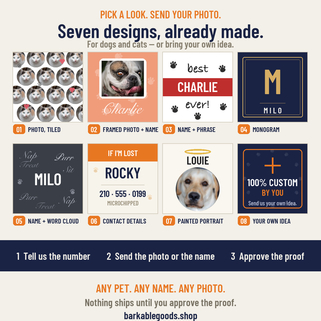 Seven ready-made personalization designs for dogs and cats, or send your own idea