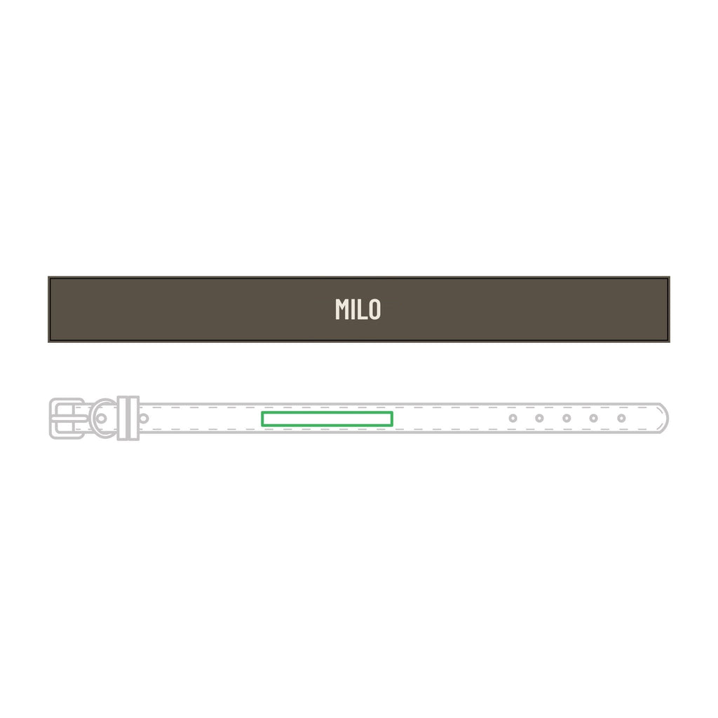Engraved leather dog collar with the name MILO, example personalization